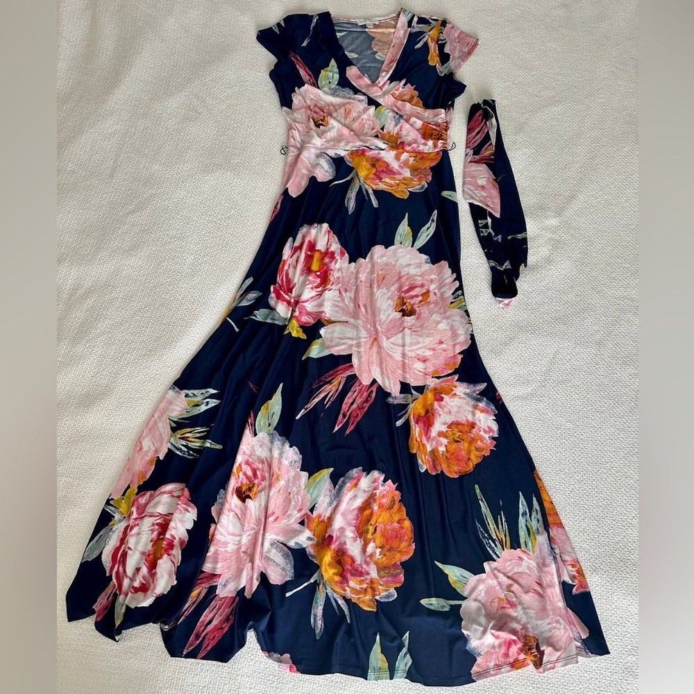 New York & Company Navy Maxi Dress with Pink Floral Print